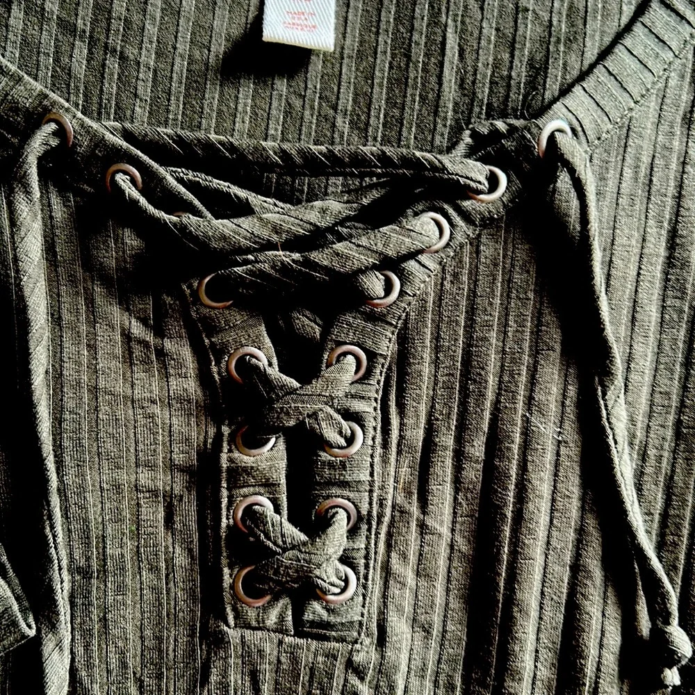 Long sleeve, dark, green, crop top lace up front, rayon and spandex